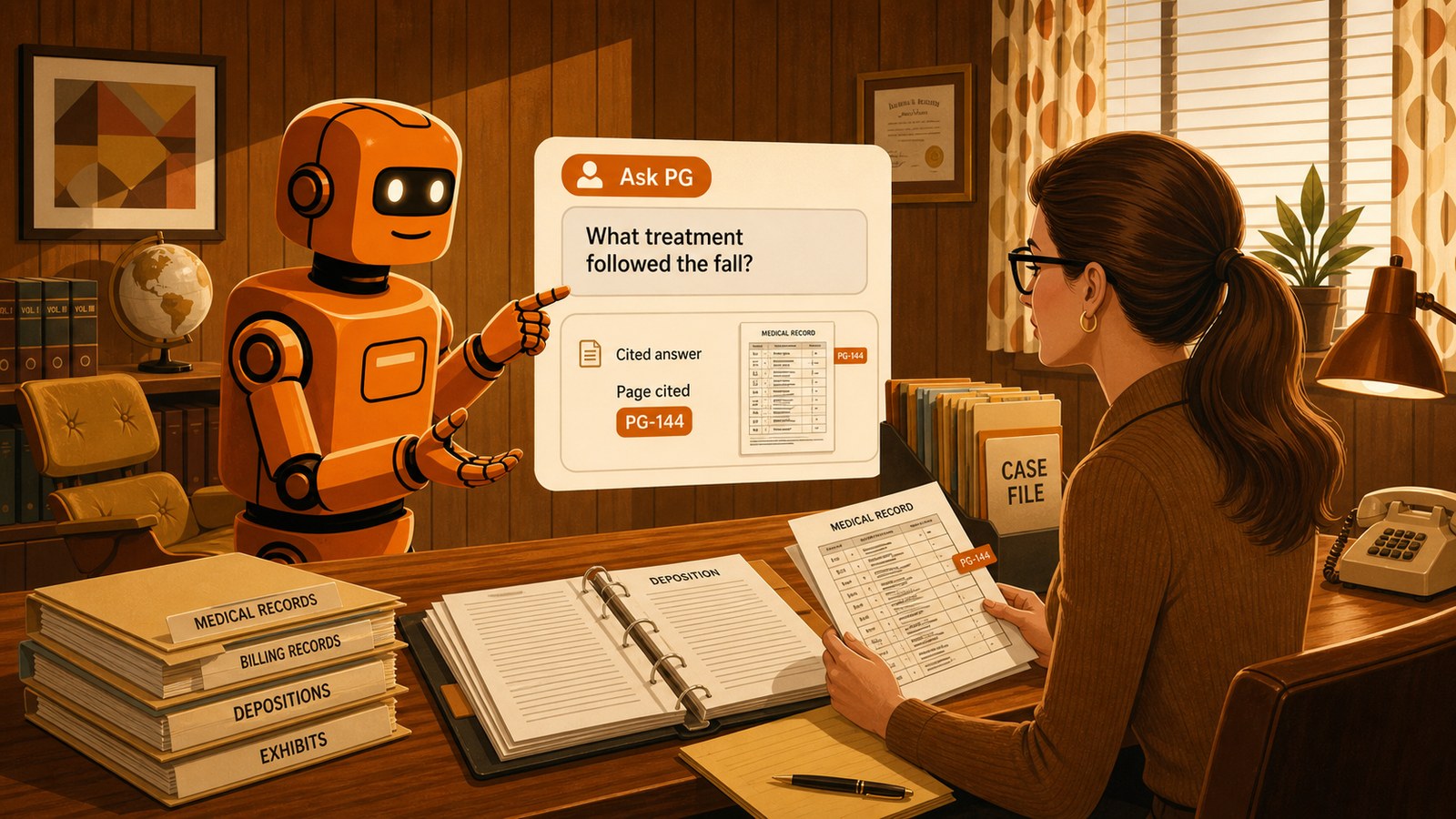 PG robot answering a medical-record question with a page-cited Ask PG answer