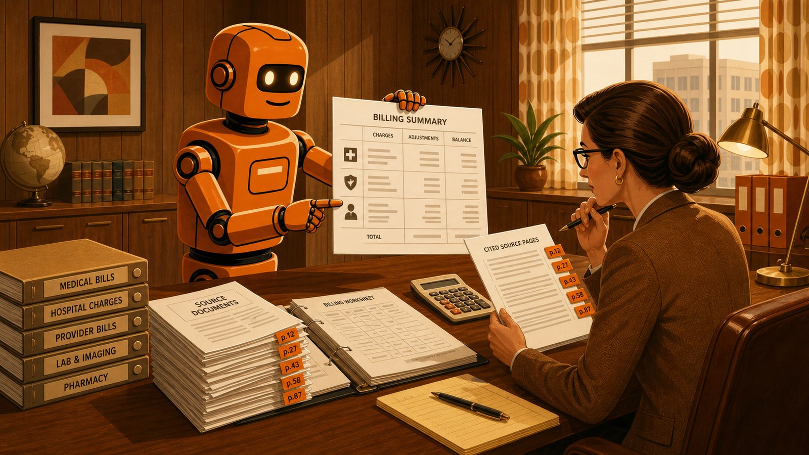 PG robot organizing medical bills into a cited billing summary
