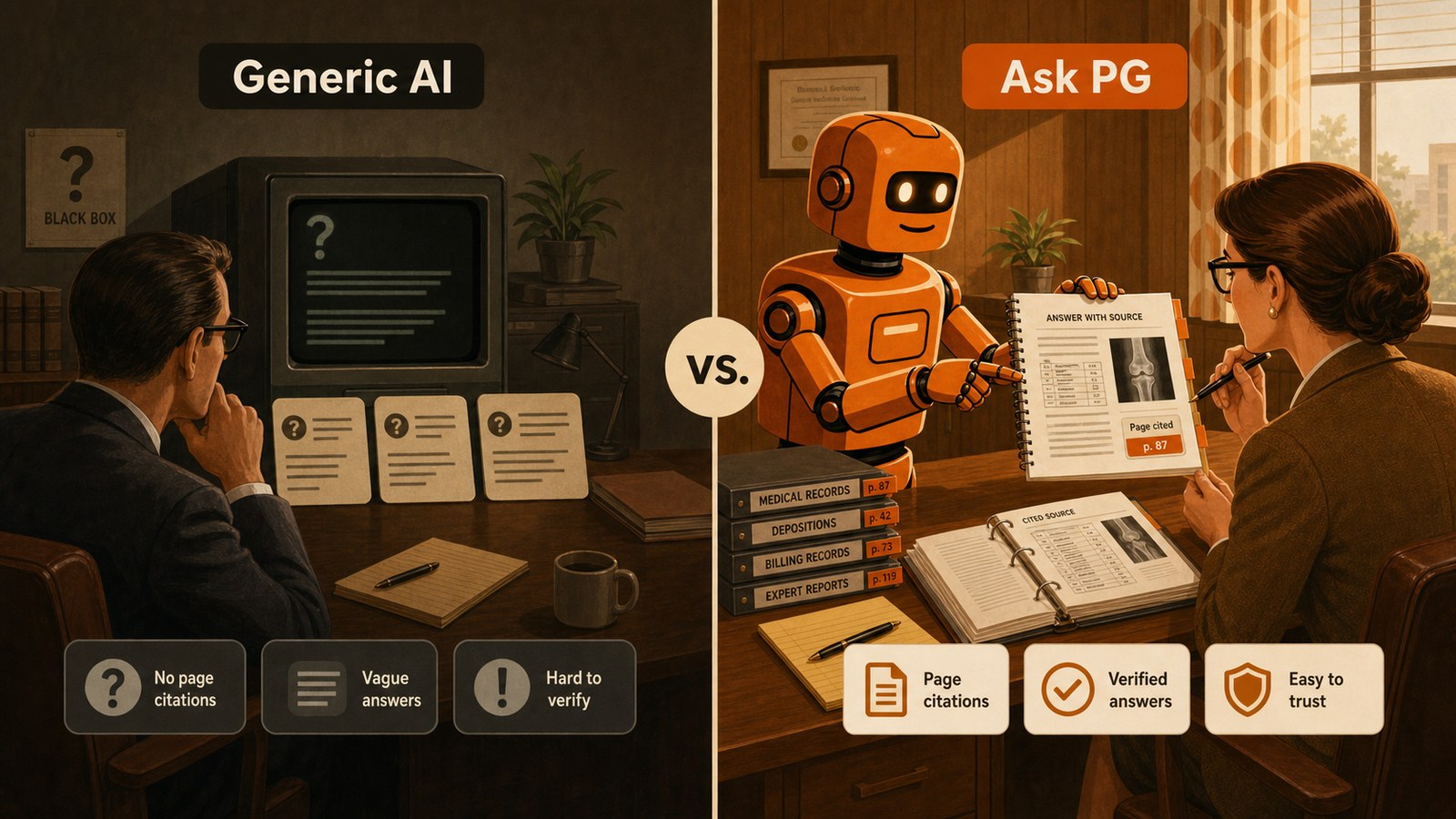 PG robot comparing page-cited Ask PG answers with generic AI output
